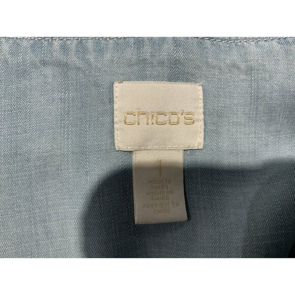 Chicos Top Size 1 (Medium) Lightweight Denim Look Adj. Rouched Sides VNeck - Picture 6 of 8